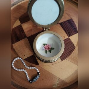 Babys 1st Pearl Bracelet+Vtg Mini DEZINE 3D Rose Handpainted Hinged Trinket Box